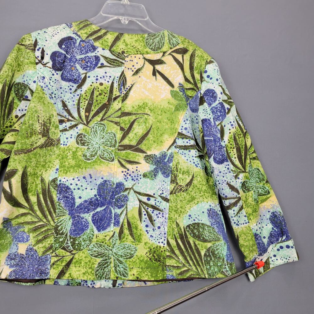 Alex Kim Blue Yellow Floral Lightweight Jacket Long Sleeve Sequins Snaps Women L - Picture 11 of 13